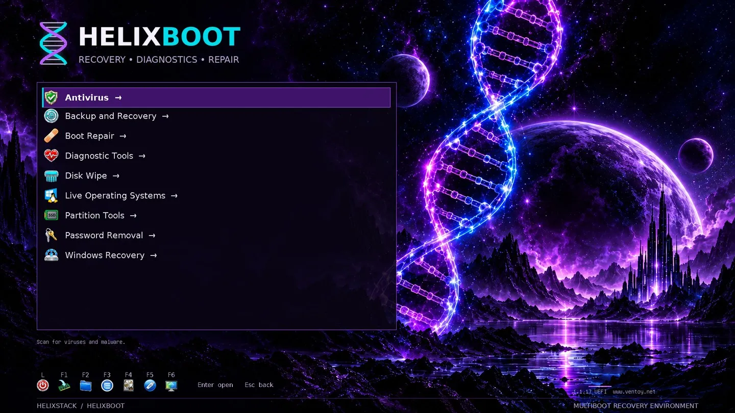 The Helix Boot menu with tool categories over the Helix Neon theme