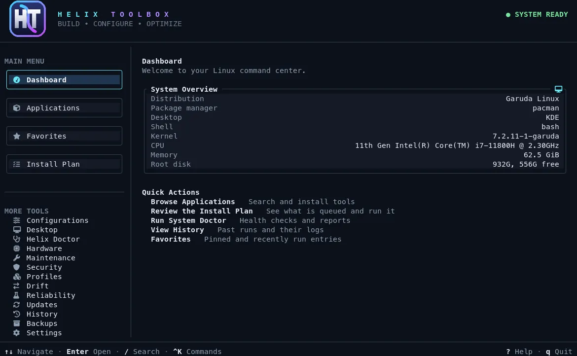 Helix Toolbox dashboard in a terminal: system overview and quick actions