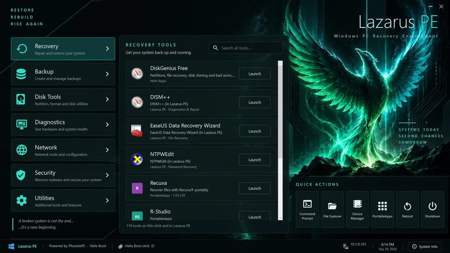 The Lazarus PE tool launcher on Windows PE